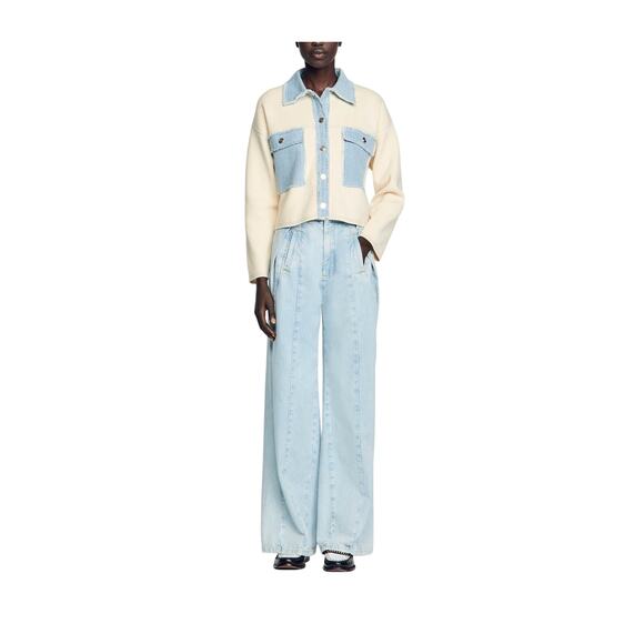 Sandro Oversized Cream Viscose Dual-Material Coatigan Size 0 - NWT - Picture 1 of 5